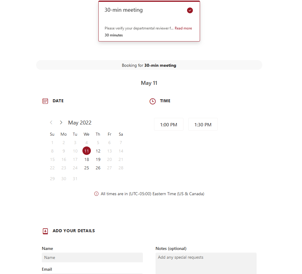 Image of Bookings appointment scheduler page