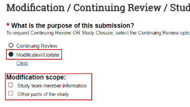 Screenshot of ESTR page radio buttons for Study Team Mod types