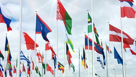 Looking skyward at many international flags fluttering in the sky