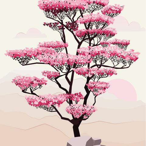 illustrated tree with pink flowers growing from a rock