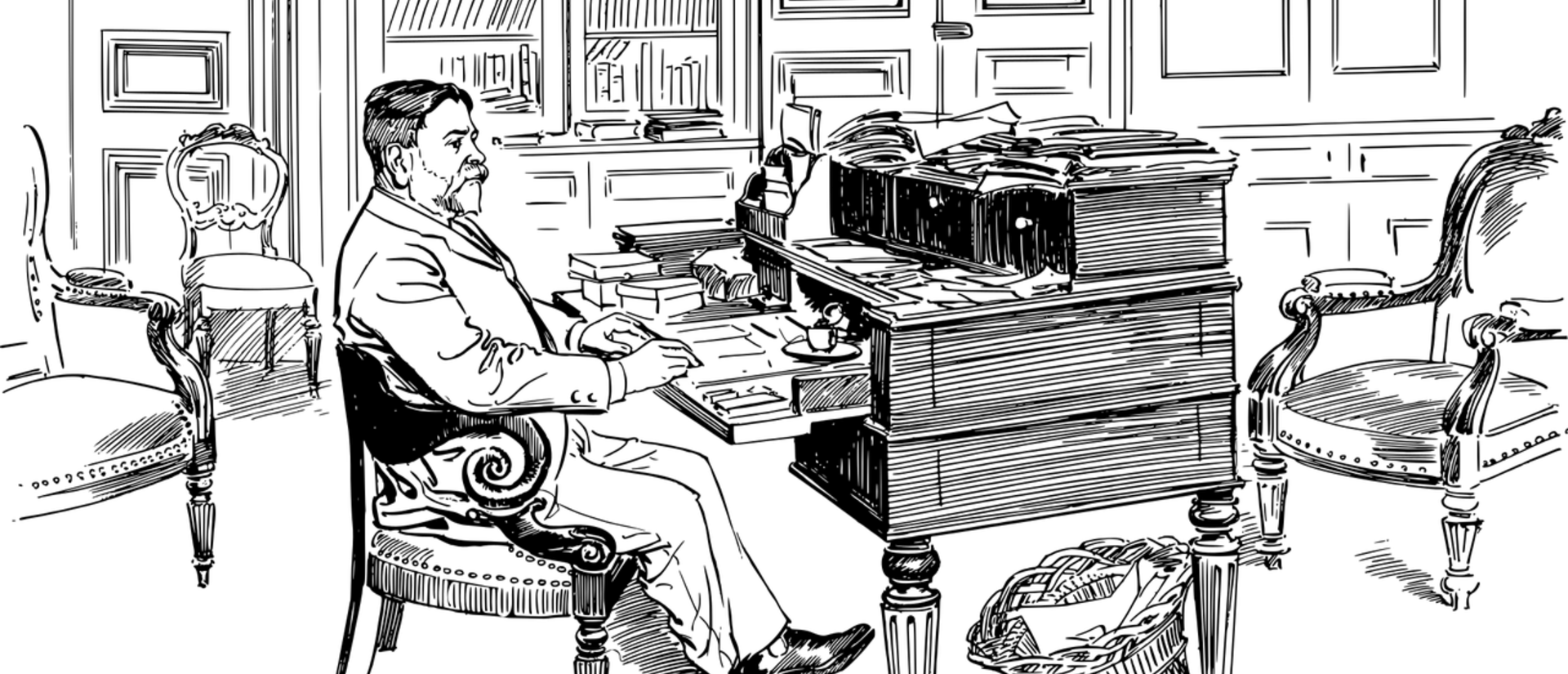 Line drawing of old timey scientist sitting at cluttered desk